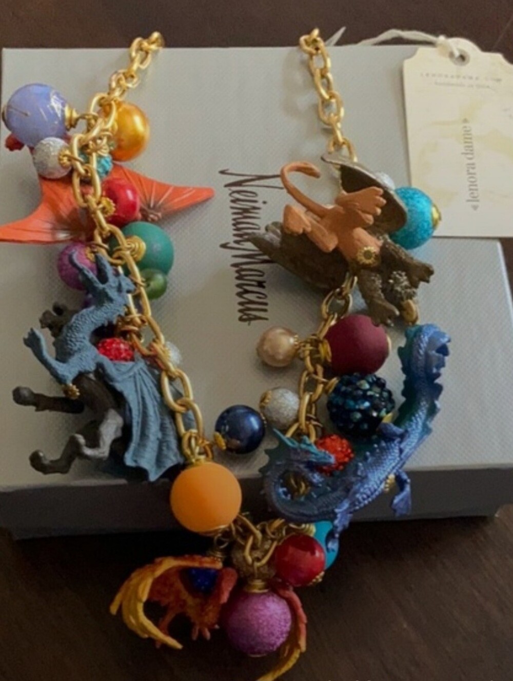 lenora dame Neiman Marcus Multicolor Dragon Charm Statement Necklace NWT